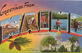 Featured is a Maine big-letter postcard image from the 1940s obtained from the Teich Archives (private collection).